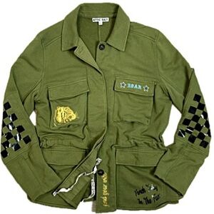 Attic Salt Embroidered Graphic Knit Military Jacket Womens Size Large Anorak Y2K